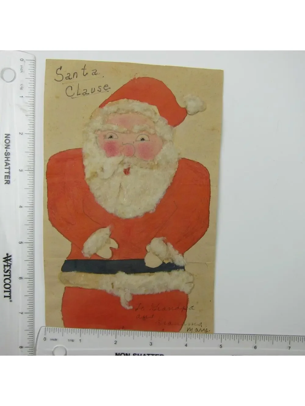 Vintage Christmas Card Handmade Santa Clause Red Suit White Cotton Trim & Hair